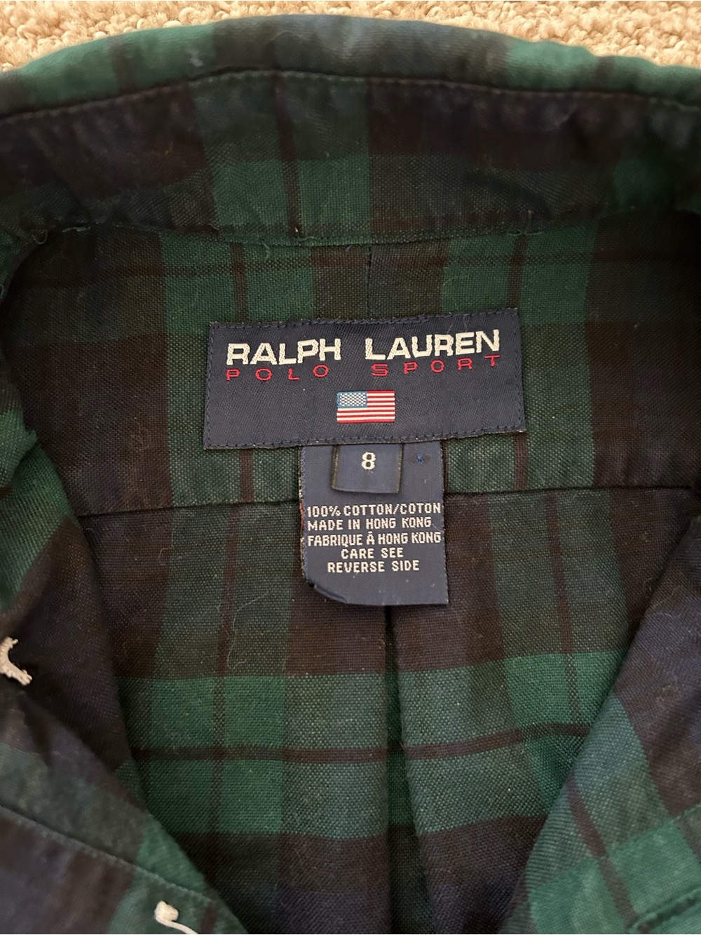 Vintage Ralph Lauren Polo Sport shirt in green and navy blackwatch plaid SZ 8